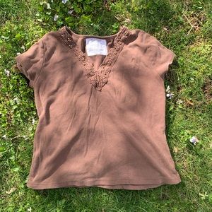 mildly cropped brown beaded shirt